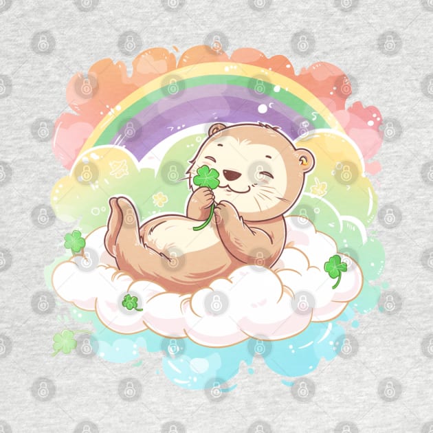 Kawaii sea Otters holding a four-leaf clover in St. Patrick's Day Celebration rainbow by MilkyBerry